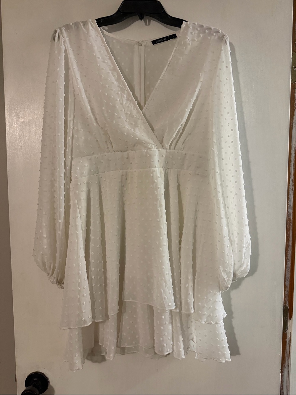 Chiffon Swiss Dot White V-Neck Tiered Long-Sleeve Dress